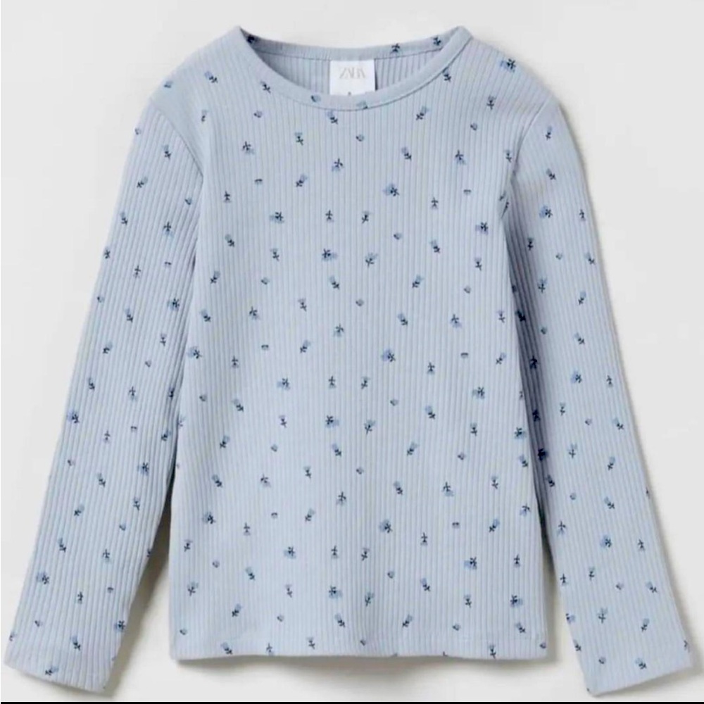 ZARA Ribbed Dainty Floral Long Sleeve Top Periwinkle Blue Girls Size 13-…